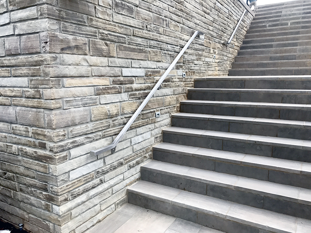 Hand Rail systems with combination of brick, wood, glass and stone made with 304 stainless steel tubing.